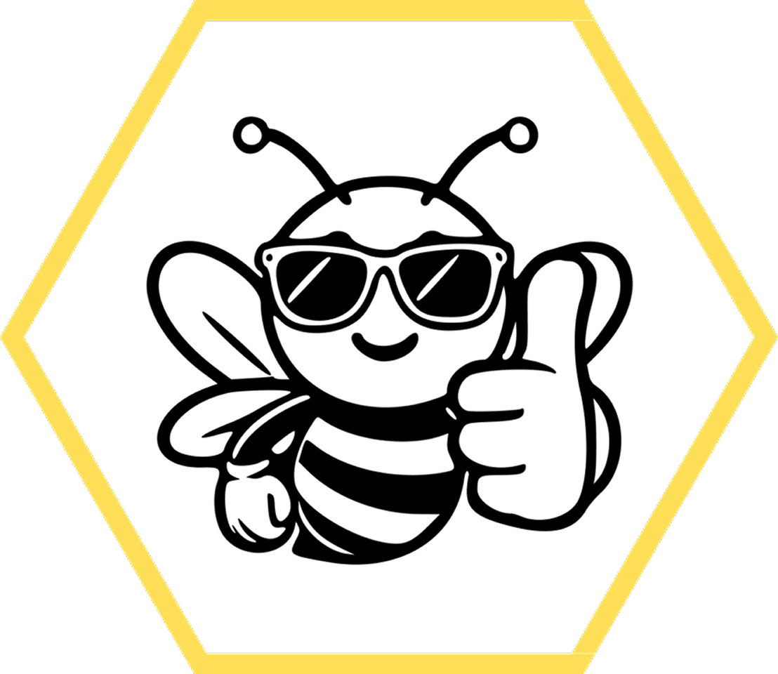 Cool bee giving a thumbs up inside a hexagonal frame.