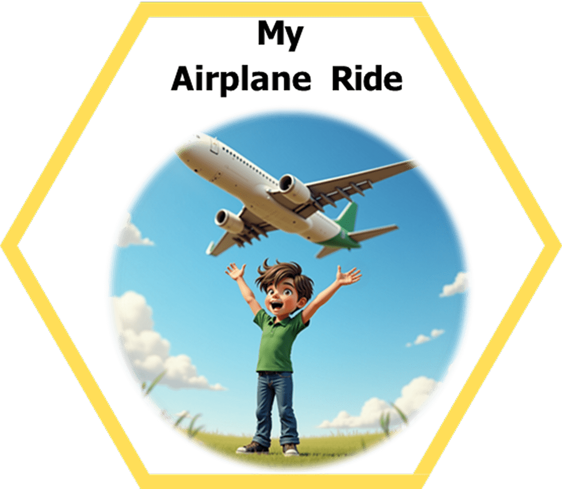 A joyful child watching an airplane fly overhead in a sunny sky.