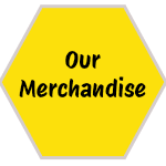 Yellow hexagon with 'Our Merchandise' text.
