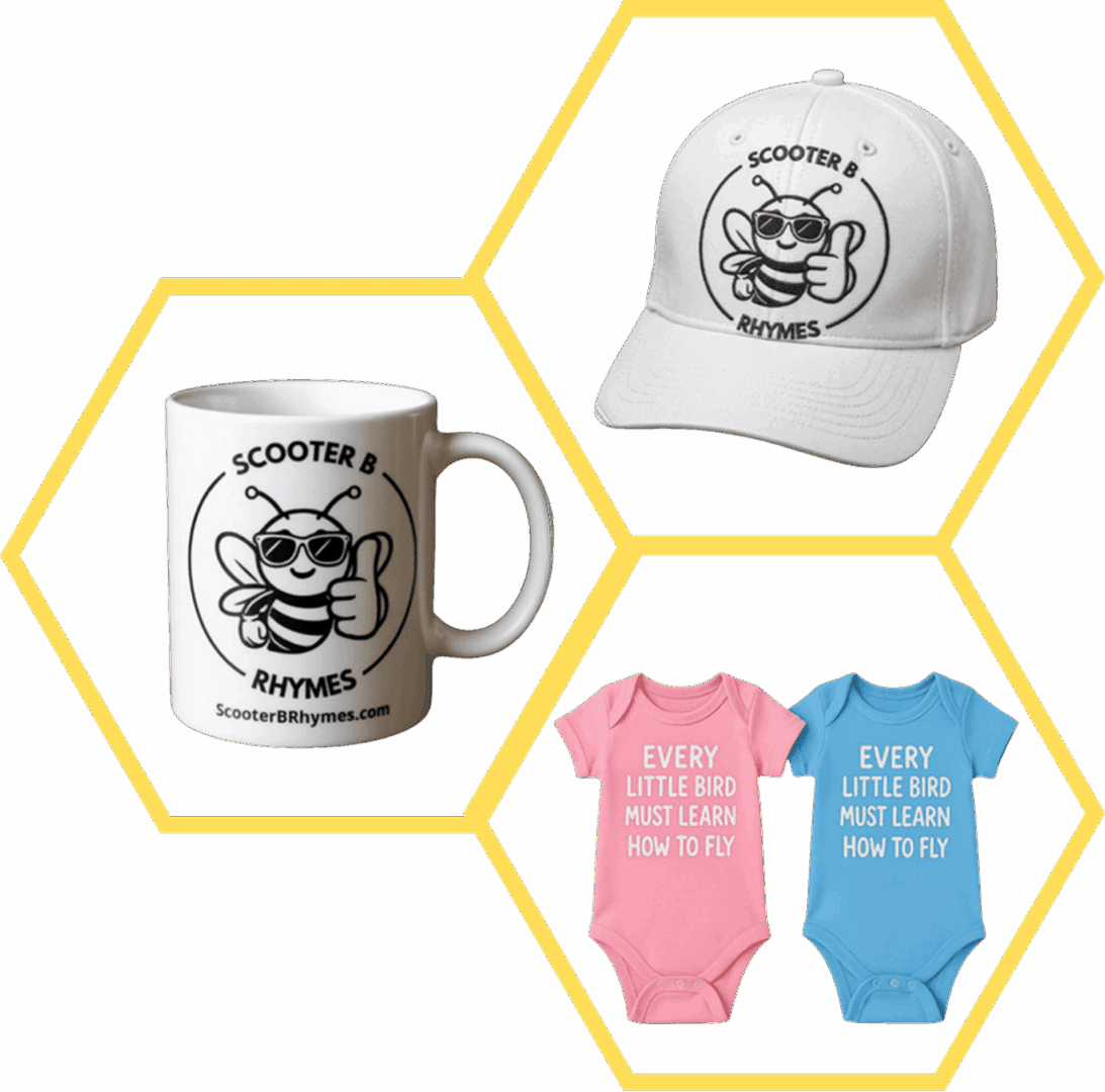 Coffee-themed mug and cap with baby onesies in pink and blue.