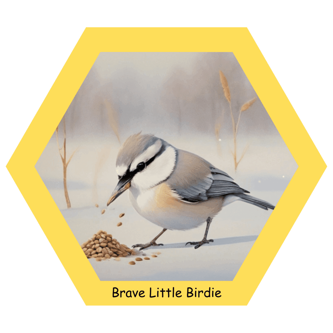 Bird eating seeds in a snowy landscape.