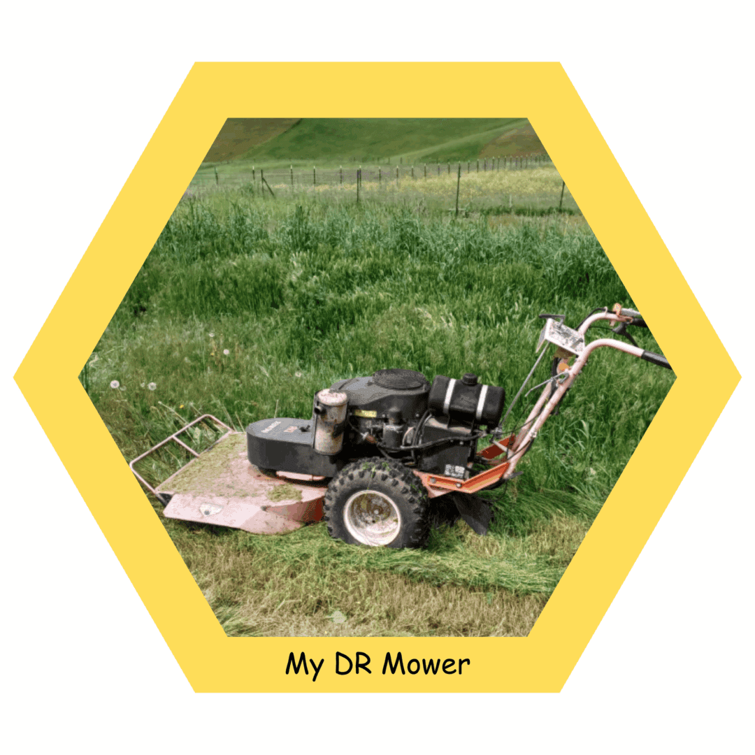 Hexagon frame showing DR mower in field.