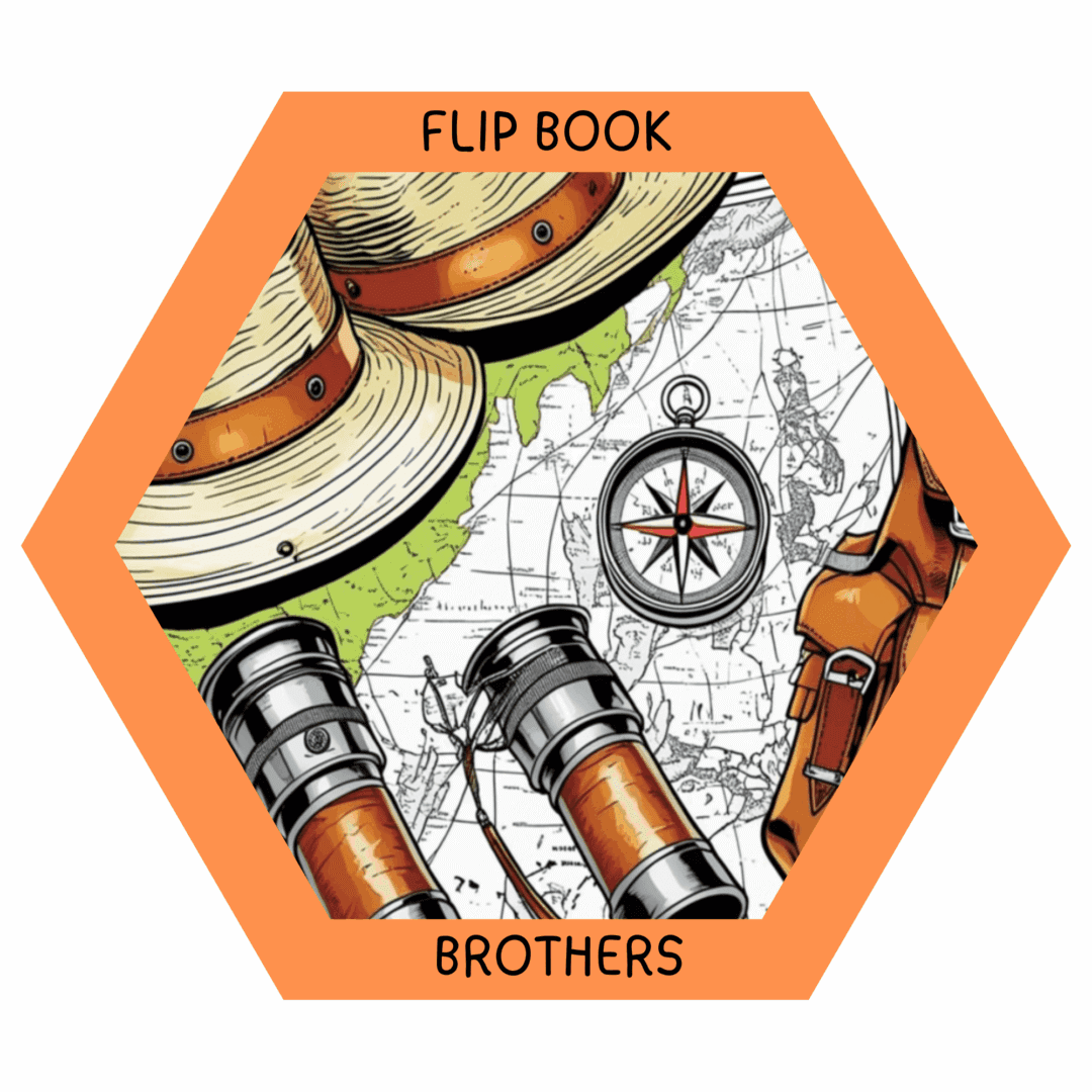 Compass, map, hat, binoculars in hexagon frame.
