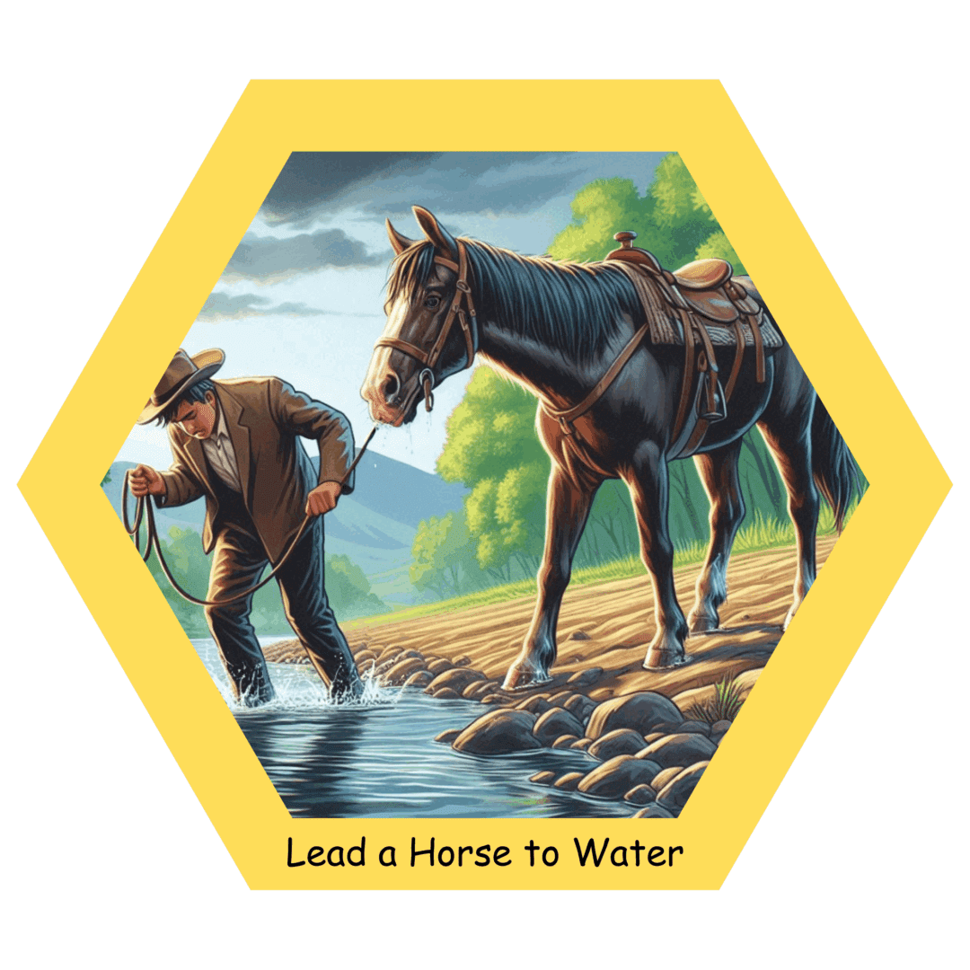 Man leading horse to water stream.