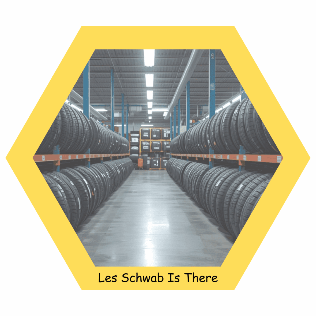 Tire warehouse with hexagonal yellow border.