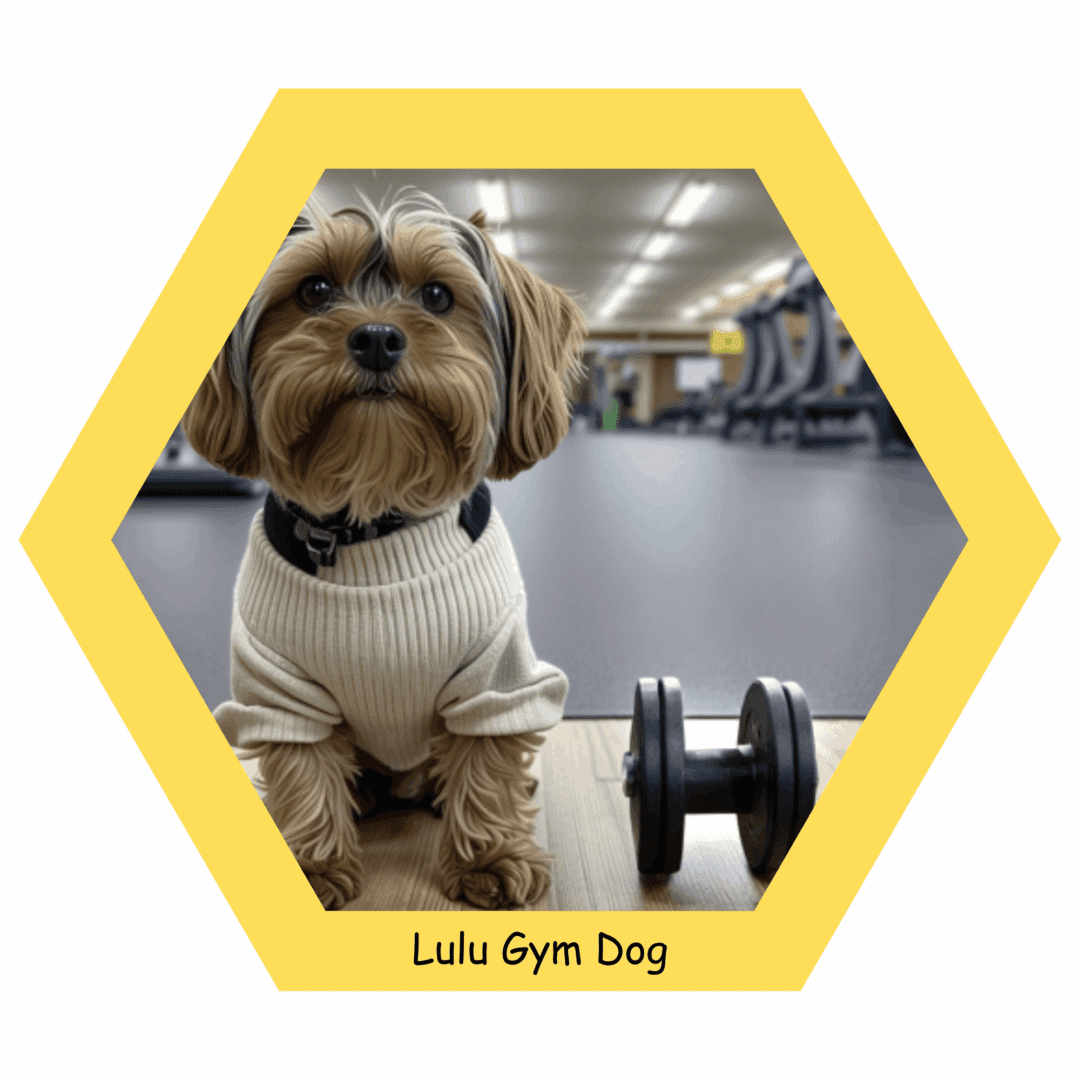Dog in sweater beside dumbbell at gym.
