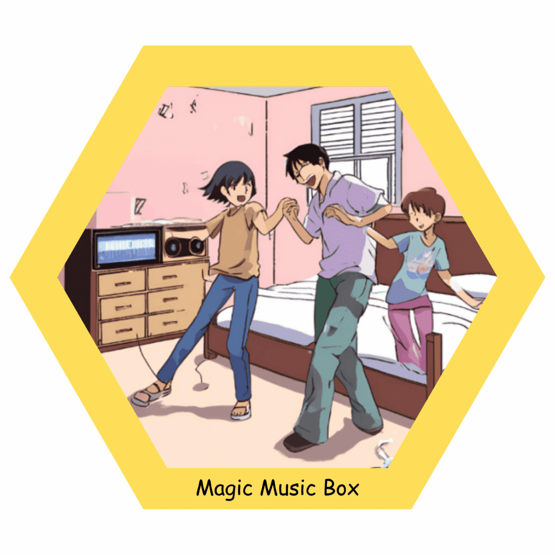 Family dancing joyfully in a bedroom.