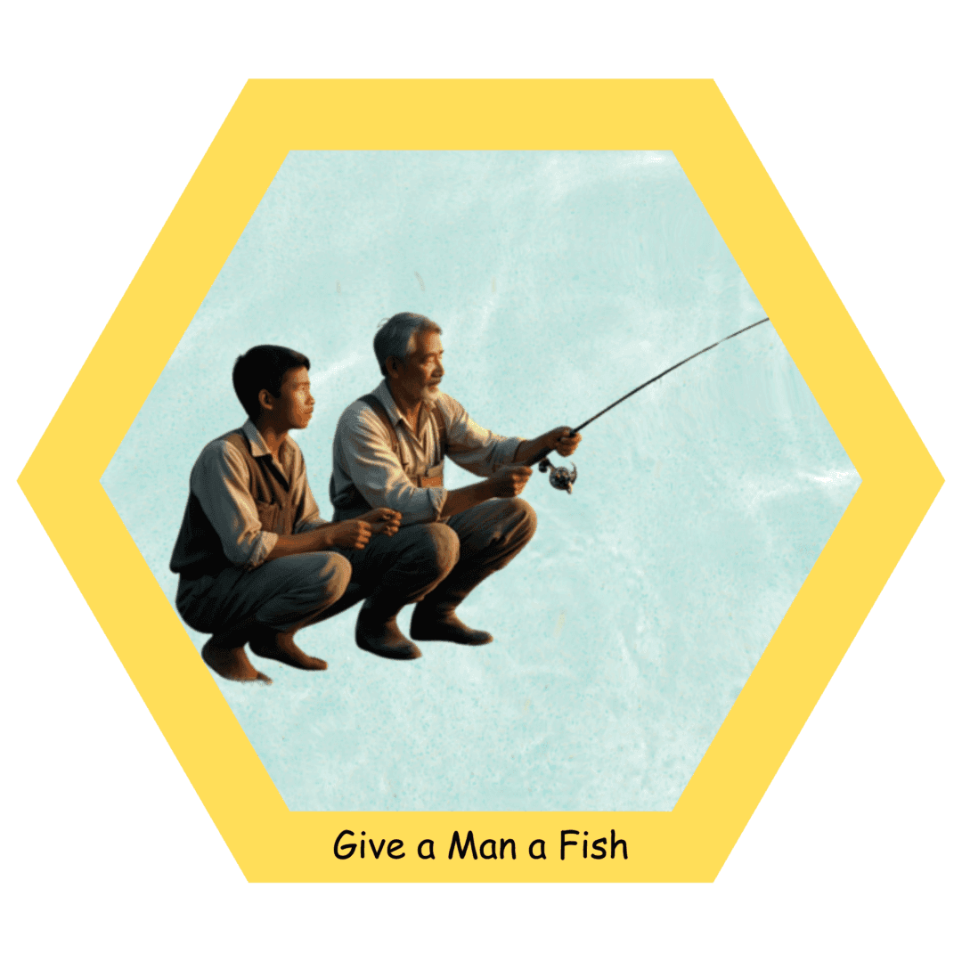 Two people fishing, yellow hexagon background.