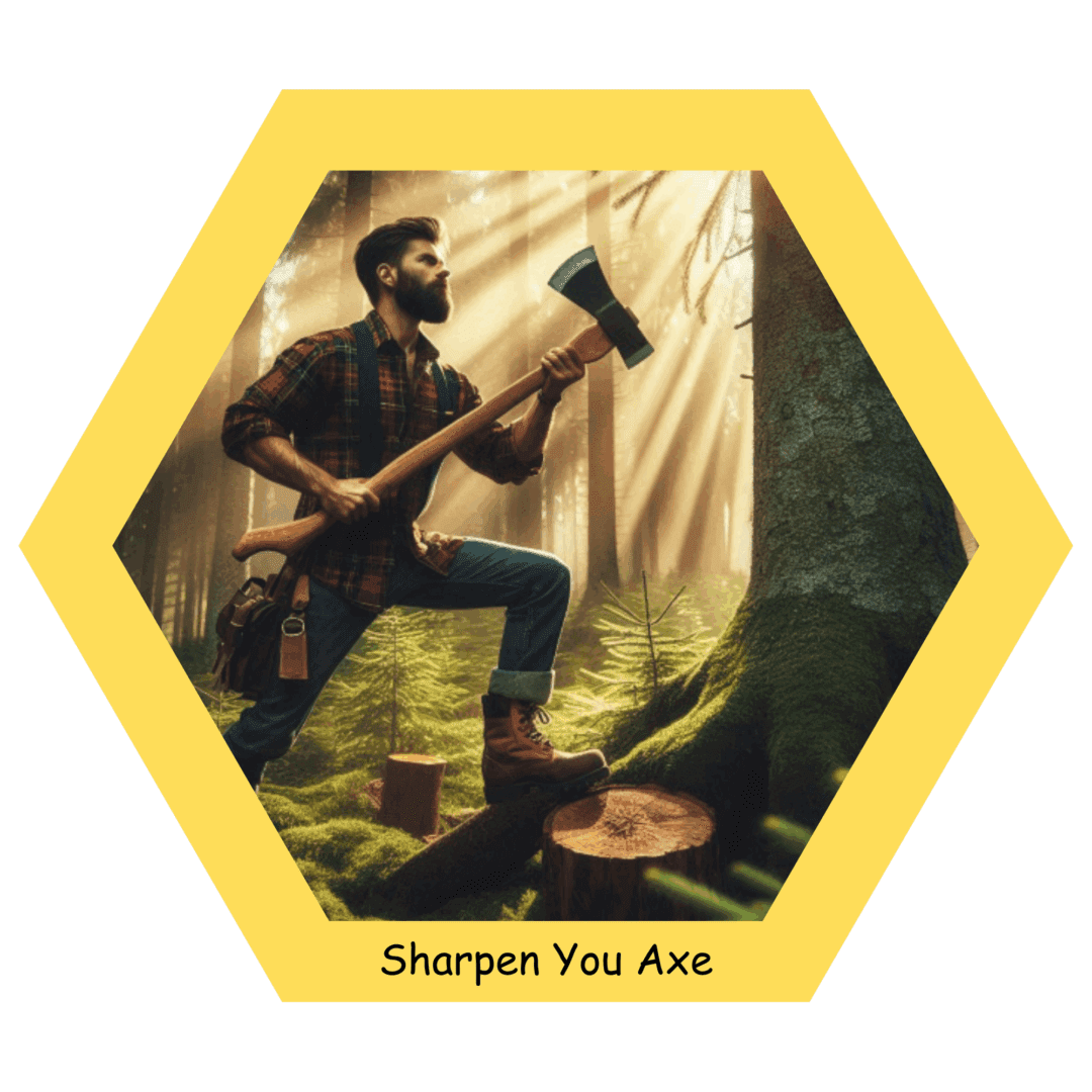 Lumberjack holding axe in sunlit forest.