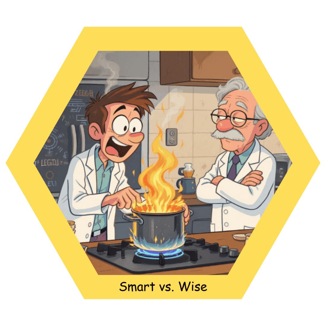 Cartoon scientists cooking with fire on stove.