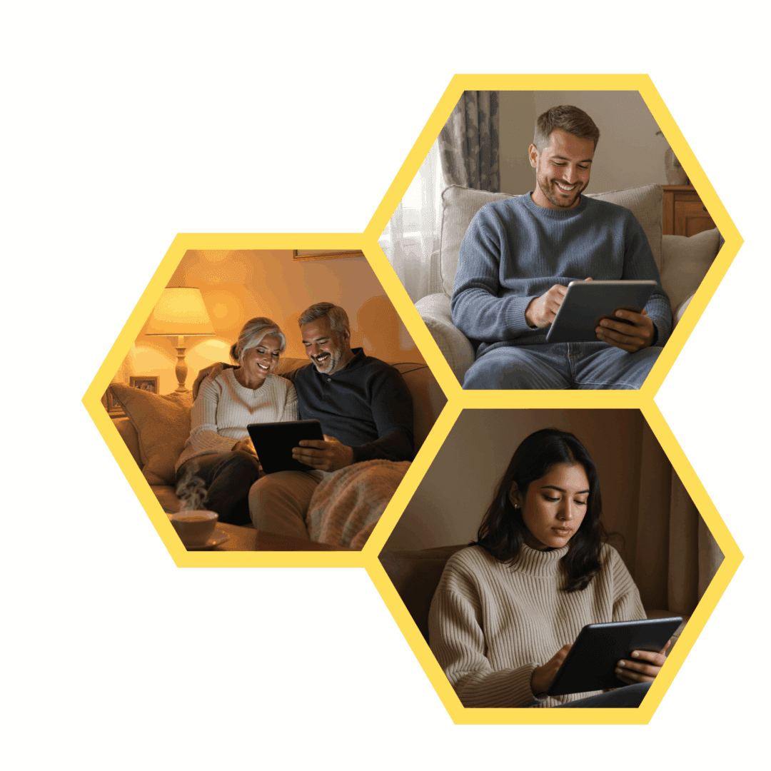 People using tablets in cozy settings.
