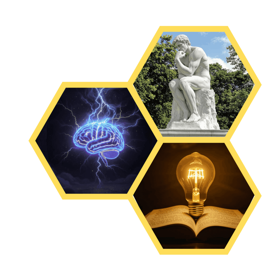 Hexagons with brain, thinker statue, light bulb.
