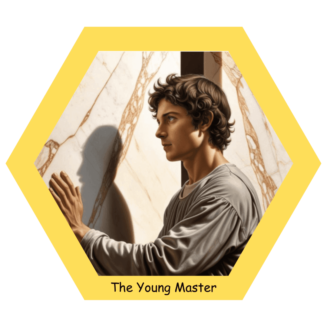 Young man touching marble wall, hexagonal frame.