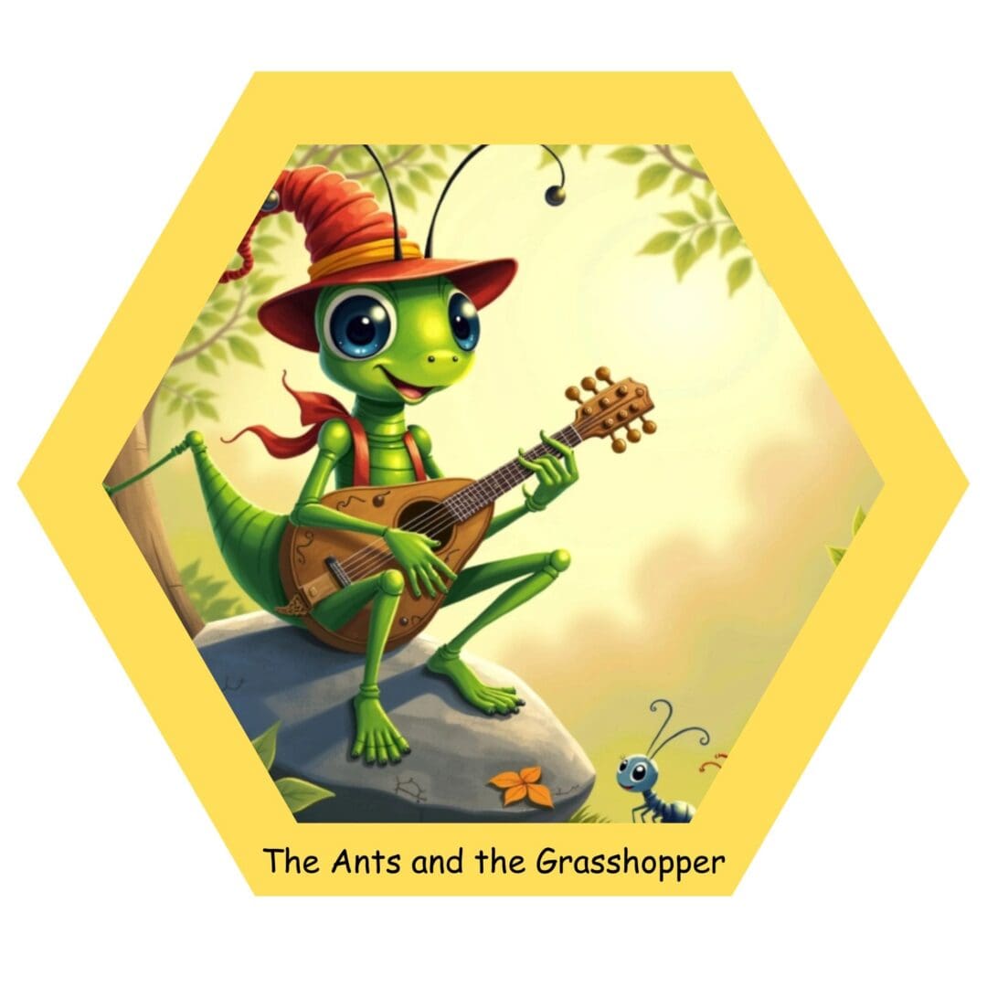 Grasshopper playing guitar, wearing a red hat.